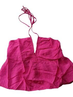 Women's Y2K Babydoll Peplum Halter Crop Top Size Small Solid Rose Red (Hot Pink)